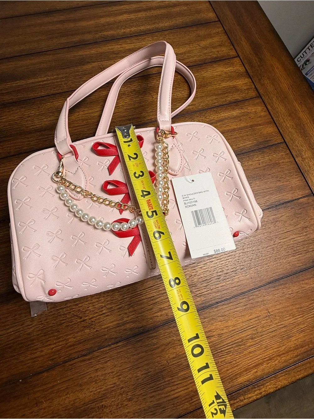 Betsey Johnson Pink Bow Shoulder Bag Pearl Chain Charm Zip Lined Inner Pockets